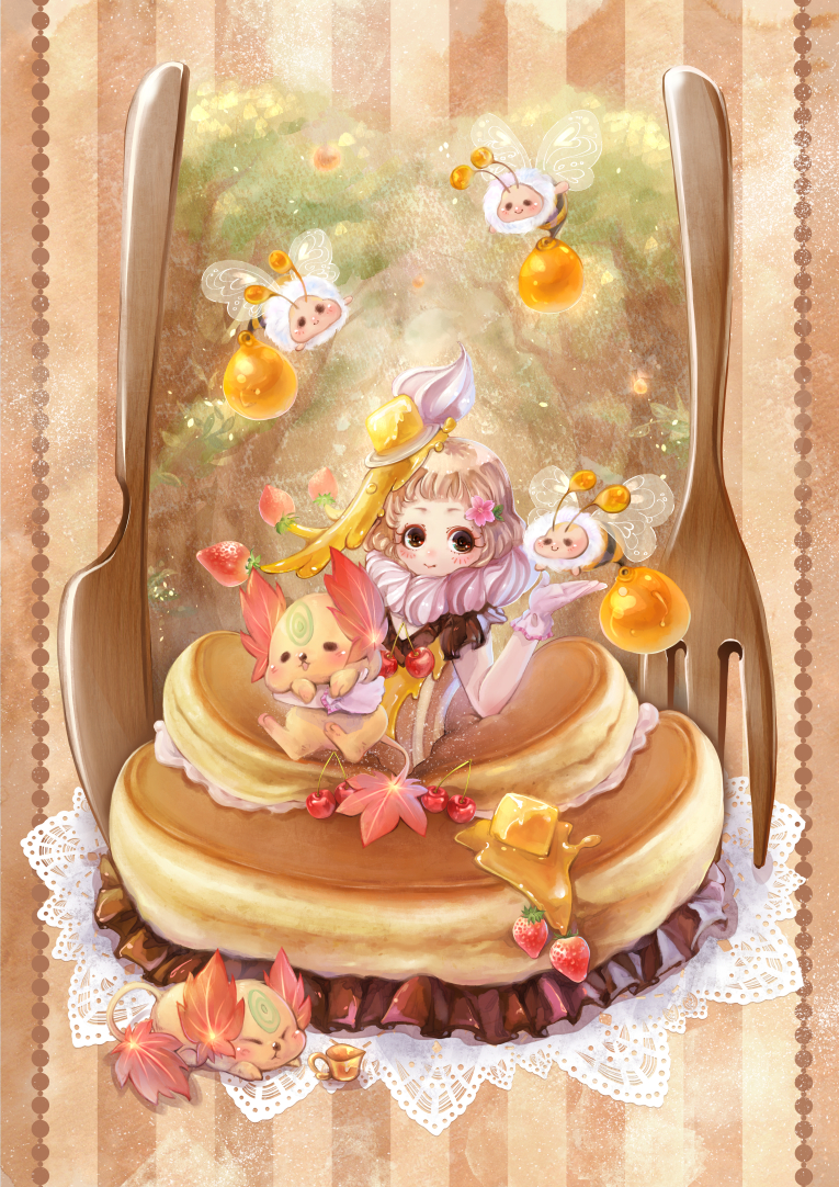 bee black_eyes brown brown_background brown_dress brown_hair bug butter cherry creature dress flower food food_themed_clothes food_themed_hair_ornament fork frilled_dress frills fruit gloves hair_flower hair_ornament insect knife leaf looking_at_viewer maple_leaf morinaga_(brand) original pancake personification poko_(mipoko) short_hair smile solo strawberry striped striped_background vertical-striped_background vertical_stripes whipped_cream white_gloves