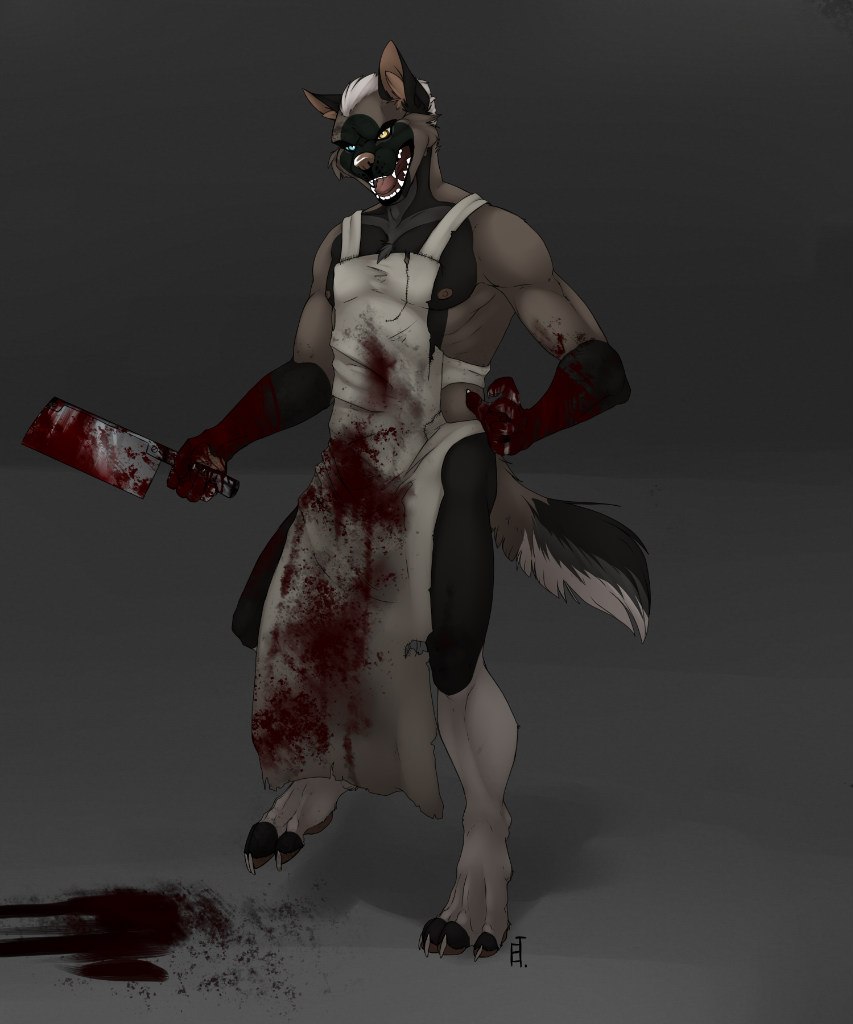 almos-tiroshi anthro apron blood canine clothing fur hair looking_at_viewer male mammal meat_cleaver nipples open_mouth solo standing