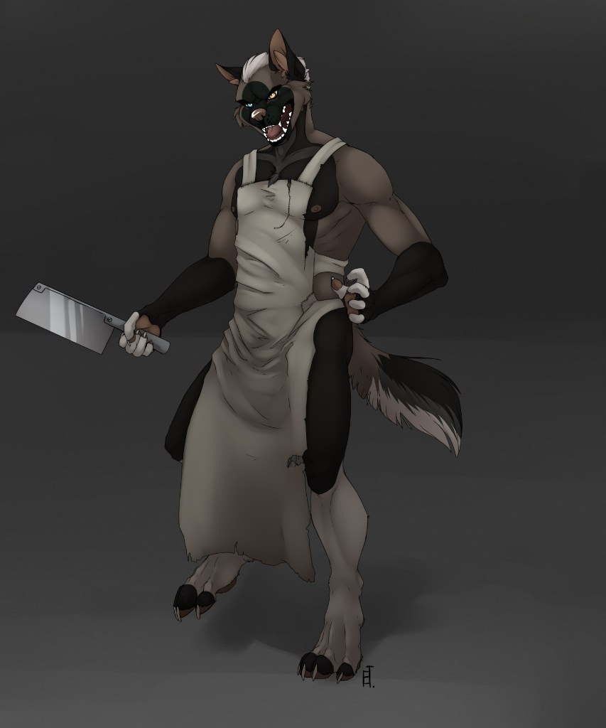 almos-tiroshi anthro apron canine clothing fur hair looking_at_viewer male mammal meat_cleaver nipples open_mouth solo standing