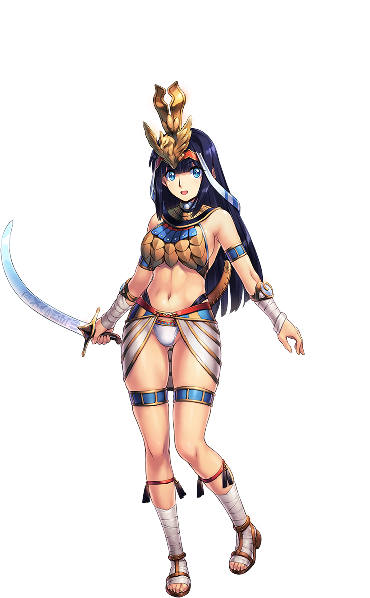 1girl blue_eyes blue_hair breastplate breasts crown egyptian egyptian_clothes eyebrows eyebrows_visible_through_hair feet full_body highres holding hores_(sennen_sensou_aigis) large_breasts legs long_hair looking_at_viewer midriff mound_of_venus navel parted_lips sandals sennen_sensou_aigis simple_background smile solo standing sword thighs toes transparent_background uchiu_kazuma weapon white_background