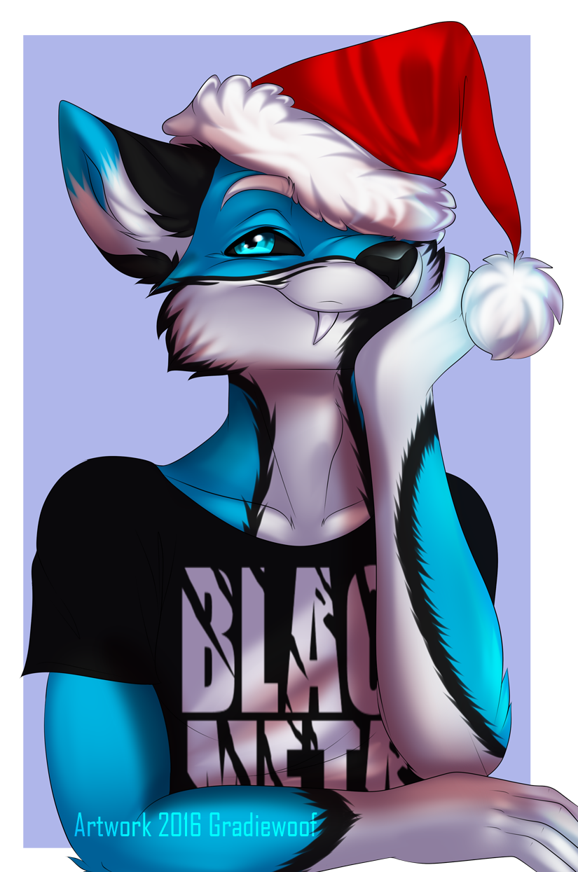 2016 5_fingers anthro black_fur black_nose blue_eyes blue_fur canine clothed clothing fur gradiewoof hat male mammal simple_background smile white_fur