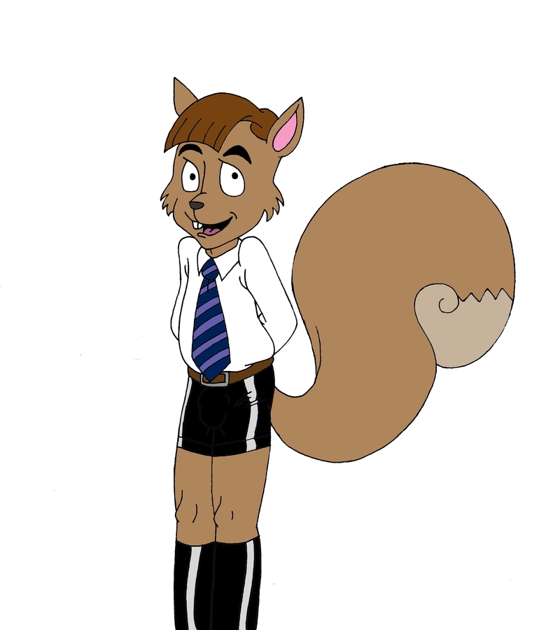 anthro belt boots brown_hair clothed clothing footwear fur hair hands_behind_back knee-high kooshmeister legwear looking_at_viewer male mammal necktie nerd open_mouth rodent rubber rubber_boots rubber_shorts shirt simple_background smile solo squirrel standing teeth tongue