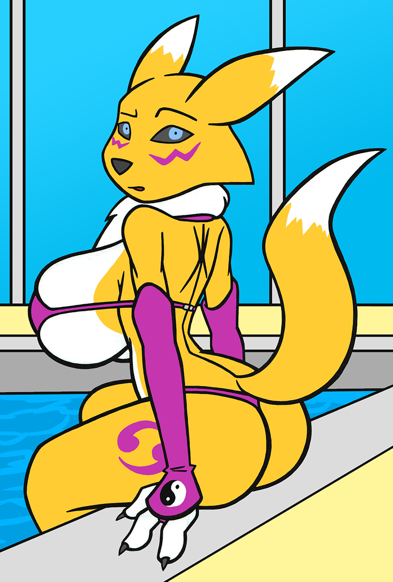 bikini blue_eyes breasts butt chest_fur chest_tuft clothing creatiffy_(artist) digimon facial_markings female fur looking_to_the_viewer markings renamon side_boob swimming_pool swimsuit tuft unsure yellow_fur