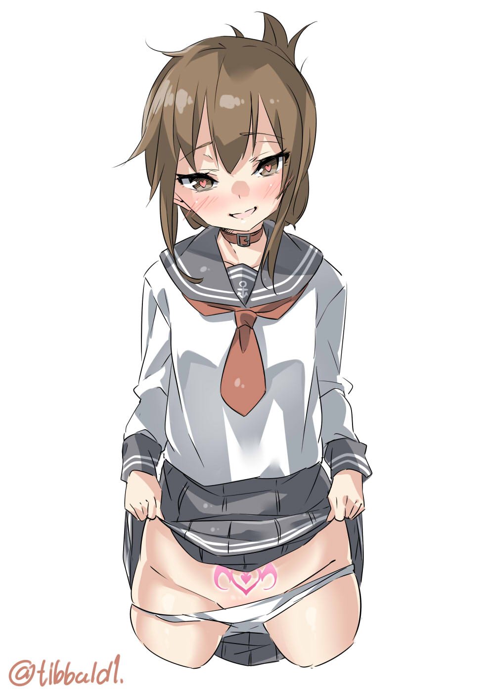 anchor_symbol bangs black_skirt blush brown_eyes brown_hair collar collarbone cowboy_shot cropped_legs ebifurya eyebrows folded_ponytail groin heart heart-shaped_pupils heart_tattoo highres inazuma_(kantai_collection) kantai_collection lifted_by_self long_sleeves looking_at_viewer necktie open_mouth panties panty_pull pleated_skirt pubic_tattoo red_neckwear school_uniform serafuku sidelocks simple_background skirt skirt_lift smile solo symbol-shaped_pupils tattoo twitter_username underwear white_background white_panties