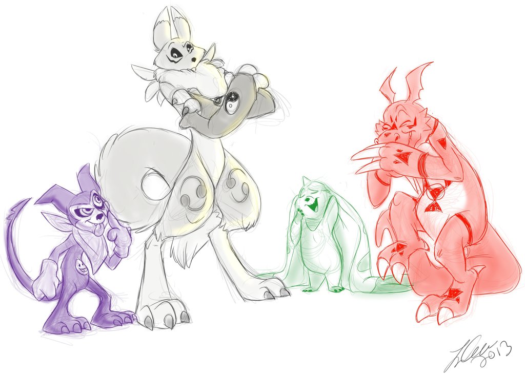 betsy big_ears black_sclera clothing digimon fur gloves group guilmon horn impmon neckerchief renamon scalie simple_background size_difference sketch terriermon tuft