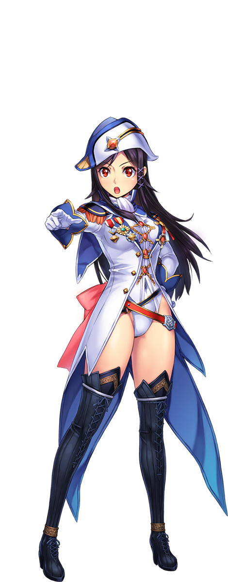 :o awakening_(sennen_sensou_aigis) black_hair boots breasts cleavage full_body gloves hair_ornament hand_on_hip hat high_heels leotard long_coat long_sleeves medal medium_breasts military military_uniform open_mouth outstretched_arm pointing reanbell_(sennen_sensou_aigis) red_eyes sennen_sensou_aigis solo thigh_boots thighhighs transparent_background uchiu_kazuma uniform white_gloves