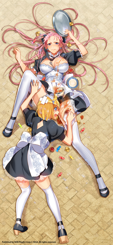 ahoge alternate_costume bandages blonde_hair blue_eyes breasts candy cleavage convenient_censoring cookie cosette_coalhearth cup embarrassed enmaided food frown full_body high_heels juliana_eberhardt large_breasts long_hair lying maid maid_headdress multiple_girls murakami_yuichi necktie on_back open_mouth pink_hair plate rag senjou_no_valkyria senjou_no_valkyria_2 shaded_face short_hair spill spoon stain sweatdrop teacup thighhighs tray wavy_mouth white_legwear wiping zettai_ryouiki