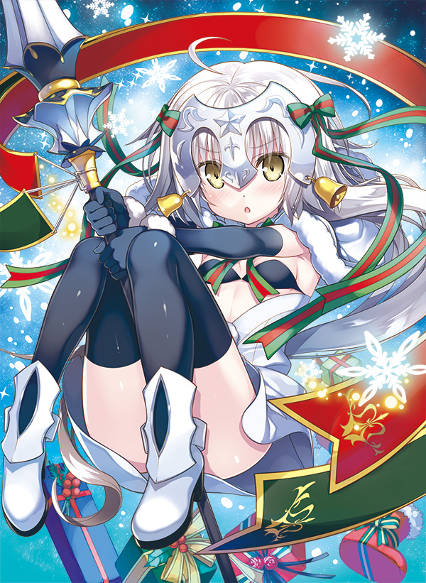 :o ahoge armpits bell between_legs bikini_top black_gloves black_legwear blush boots breasts commentary_request convenient_leg elbow_gloves fate/grand_order fate_(series) fujima_takuya gift gloves green_ribbon hand_between_legs headpiece holding holding_weapon jeanne_d'arc_(fate)_(all) jeanne_d'arc_alter_santa_lily knees_together_feet_apart knees_up lance long_hair looking_at_viewer polearm red_ribbon ribbon silver_hair small_breasts snow snowflakes solo sparkle star striped striped_ribbon thighhighs thighs v-shaped_eyebrows weapon yellow_eyes