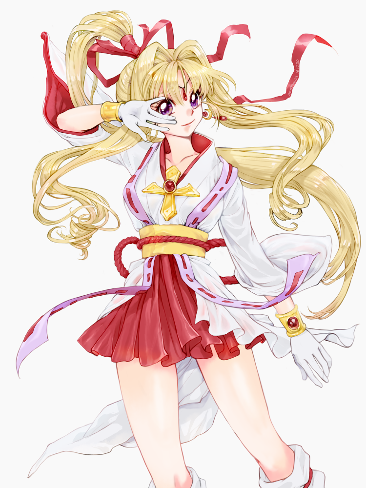 blonde_hair bracelet cable crescent crescent_earrings cross dawkinsia drill_hair earrings forehead_jewel gloves hair_ribbon hand_over_face high_ponytail japanese_clothes jewelry kaitou_jeanne kamikaze_kaitou_jeanne kusakabe_maron long_hair obi pleated_skirt ponytail purple_eyes red_ribbon red_skirt ribbon sash sidelocks skirt solo very_long_hair white_background white_gloves wide_sleeves