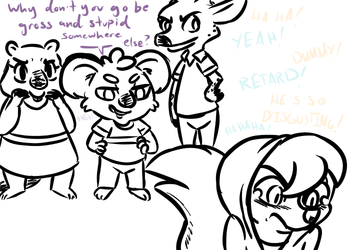 2016 anthro barefoot beaver blush bullying clancy_(inkyfrog) clothed clothing dialogue disney english_text fan_character female giraffe group hands_on_hips hoodie hugh_muskroura inkyfrog koala male mammal marsupial restricted_palette rodent simple_background skunk tears text white_background young zootopia