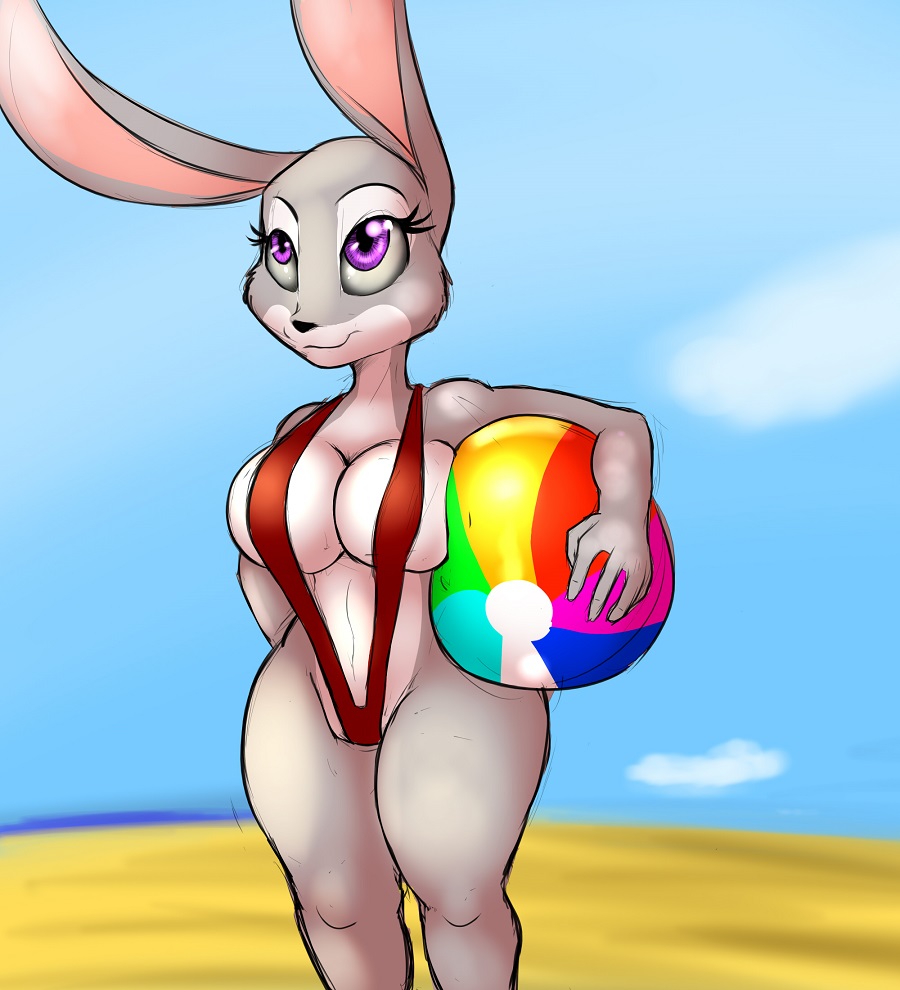 ball big_breasts bikini breasts cleavage clothed clothing disney judy_hopps lagomorph makarimorph mammal rabbit slingkini swimsuit voluptuous wide_hips zootopia