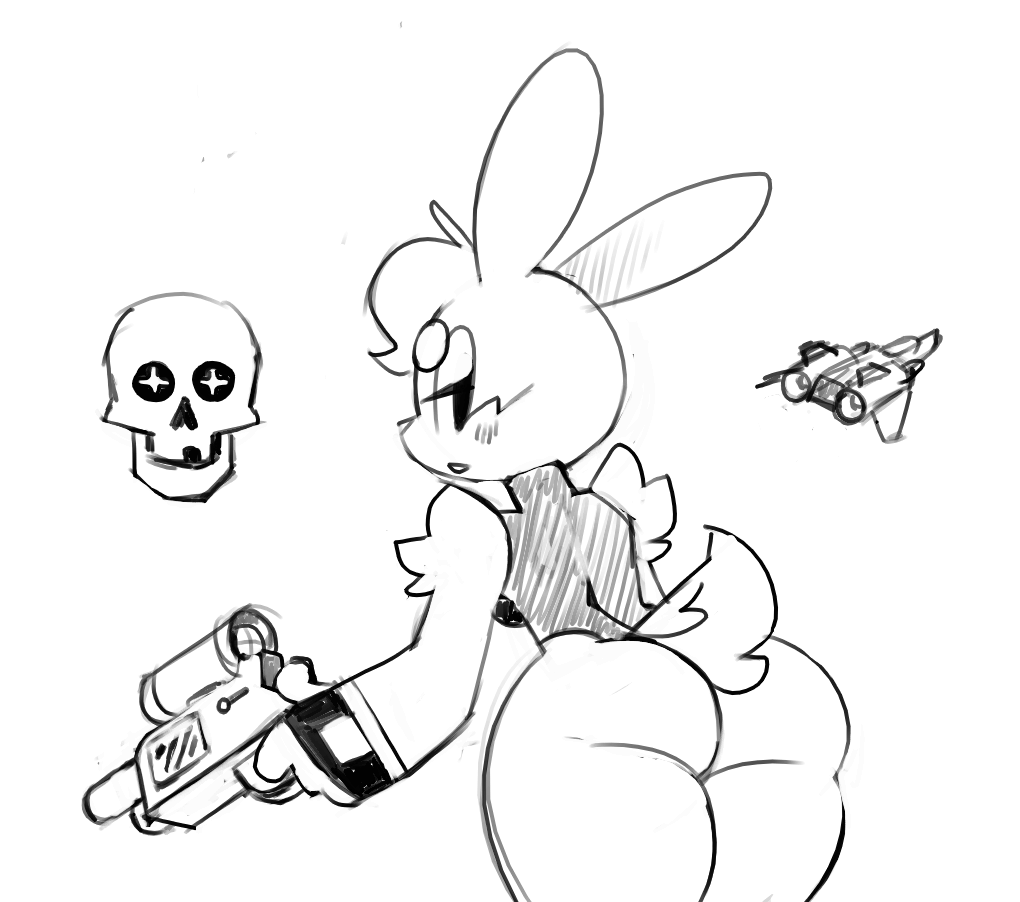 aircraft airplane blush butt cupcake_(oriole) female gun lagomorph looking_back mammal oriole_(artist) rabbit ranged_weapon shoulder_tuft skull solo weapon wide_hips