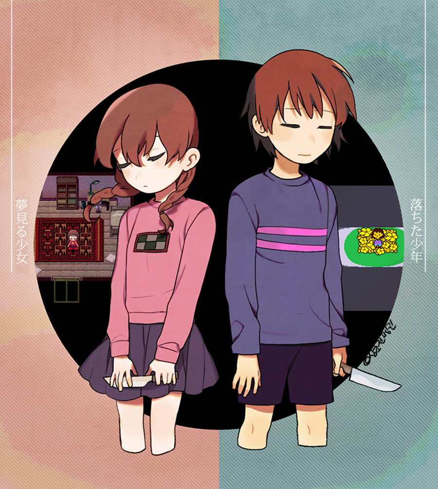 1girl arms_at_sides bad_id bad_pixiv_id braid brown_hair checkered chibi closed_eyes closed_mouth cropped_legs crossover frisk_(undertale) hair_tie holding holding_knife holding_weapon knife light_frown long_hair long_sleeves madotsuki miniskirt pale_skin penguin_haro pink_sweater pleated_skirt purple_shorts purple_skirt purple_sweater short_hair shorts skirt sweater trait_connection translated twin_braids twintails two-tone_background undertale weapon yume_nikki