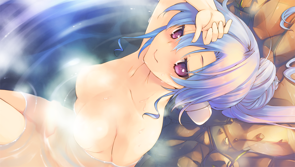 aquaplus blue_hair convenient_censoring dungeon_travelers_2 from_above game_cg hand_on_own_head ist jitome kokonoka leaning_back long_hair nude official_art onsen ponytail purple_eyes sitting smile solo steam wading water