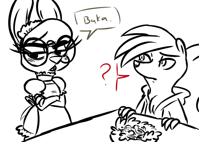 2016 ? anthro blush buckteeth chest_tuft claws clothed clothing crossed_arms dialogue disney duo english_text eyewear fan_character female food glasses half-closed_eyes hoodie hugh_muskroura inkyfrog lagomorph looking_away maid_uniform male mammal maxine_d'lapin rabbit restricted_palette simple_background skunk table teeth text tsundere tuft uniform vegetable white_background zootopia