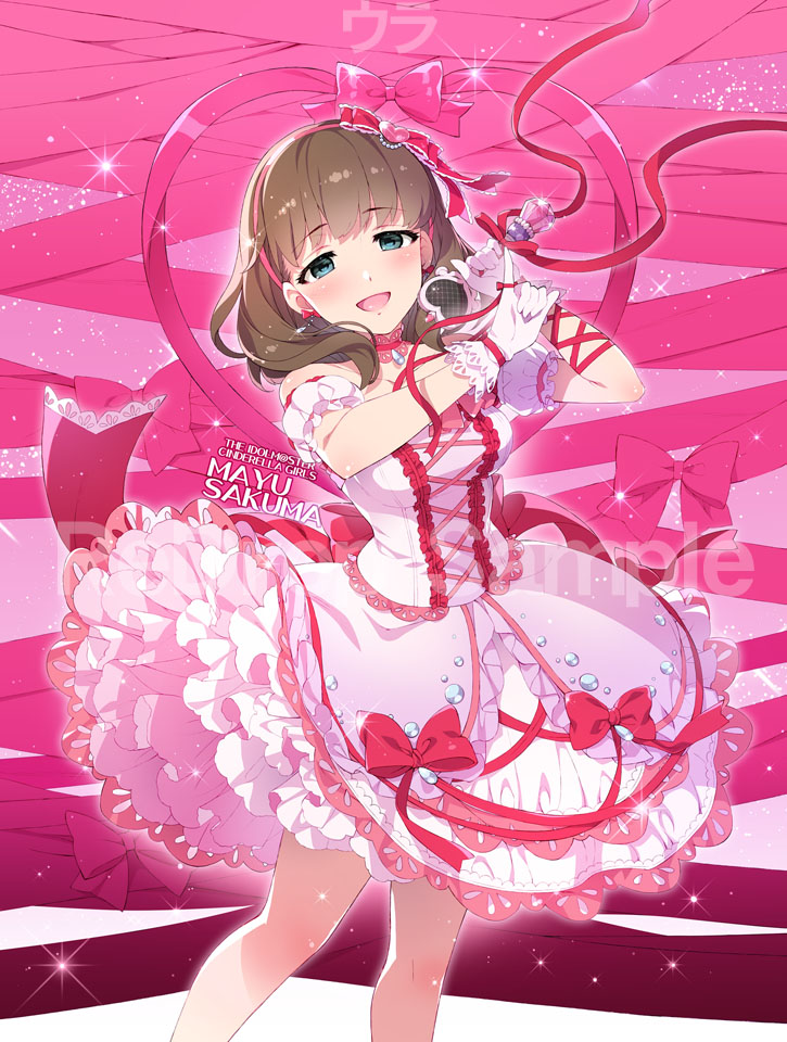 :d artist_name bare_legs blue_eyes blush bow bow_dress bowtie breasts brown_hair character_name choker copyright_name dress earrings eyebrows eyebrows_visible_through_hair finger_ribbon frilled_choker frilled_dress frilled_gloves frills gloves hair_bow hairband heart holding holding_microphone idolmaster idolmaster_cinderella_girls jewelry long_hair looking_at_viewer medium_breasts microphone open_mouth petticoat pink_background pink_bow pink_neckwear pinky_out red_bow red_neckwear red_ribbon redrop ribbon sakuma_mayu sample smile solo sparkle watermark white_gloves