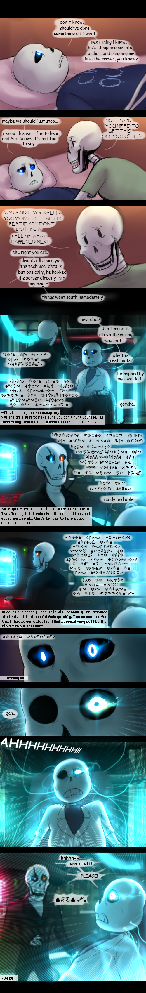 ! ... 2016 ? absurd_res animated_skeleton anthro atlas-white bed blue_eyes bone clothed clothing comic computer dialogue digital_media_(artwork) duo duo_focus english_text eyes_closed flashback gaster glowing glowing_eyes group hi_res inside lab_(disambiguation) lab_coat lying male monster nervous not_furry open_mouth pain papyrus_(undertale) pillow sans_(undertale) screaming shirt signature skeleton smile speech_bubble teeth text undead undertale video_games worried