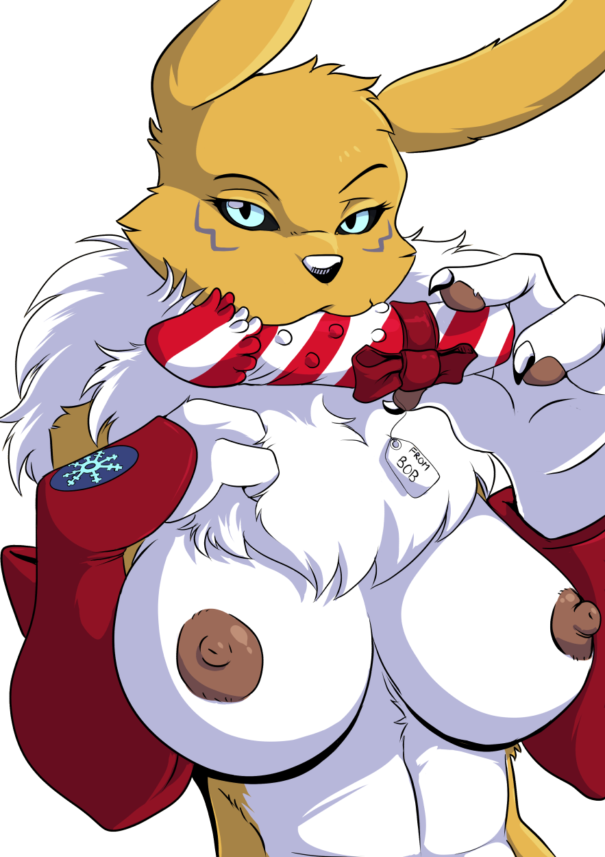 2016 anthro breasts christmas claws clothing digimon dildo elbow_gloves female fur gloves holidays looking_at_viewer nipples renamon ribbons sex_toy simple_background solo white_background yawg yellow_fur