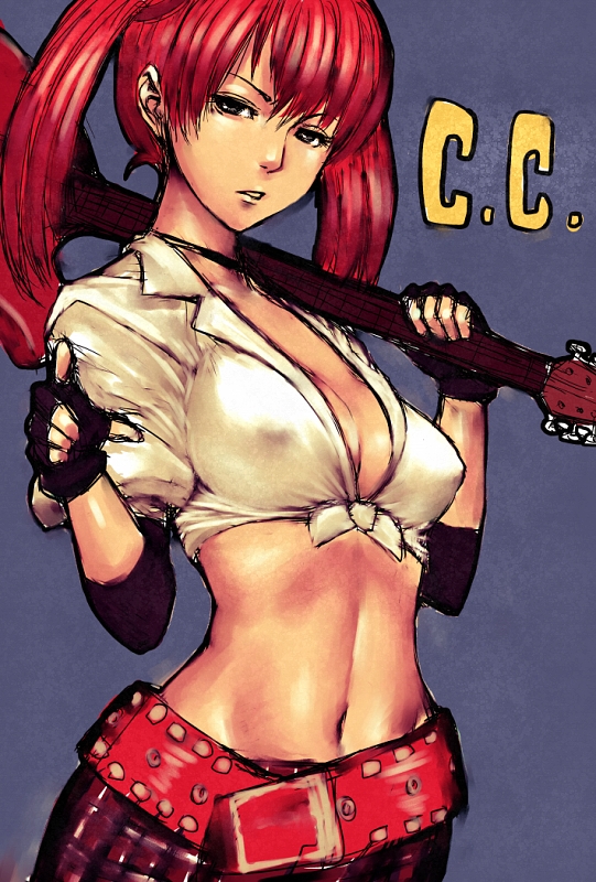 candy_cane_(rumble_roses) curvy fumio_(rsqkr) guitar instrument red_hair rumble_roses sleeves_rolled_up solo twintails