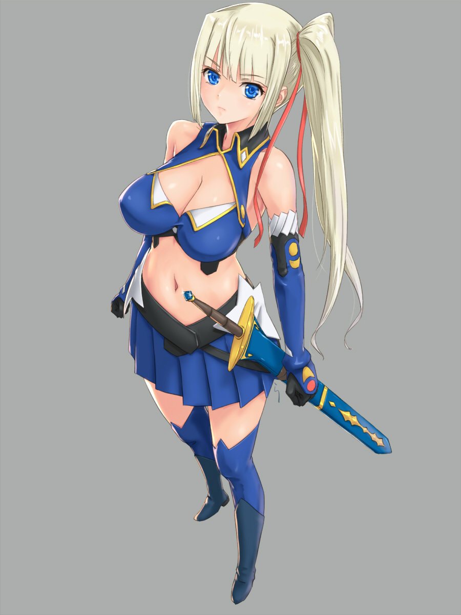 bangs bare_shoulders blonde_hair blue_eyes blue_legwear blue_skirt boots breasts cleavage clenched_hand elbow_gloves full_body gloves grey_background hair_ribbon highres jpeg_artifacts large_breasts limalisha long_hair looking_at_viewer madan_no_ou_to_vanadis miniskirt pleated_skirt rasukaru ribbon scabbard sheath sheathed side_ponytail sidelocks skirt solo standing sword thighhighs weapon