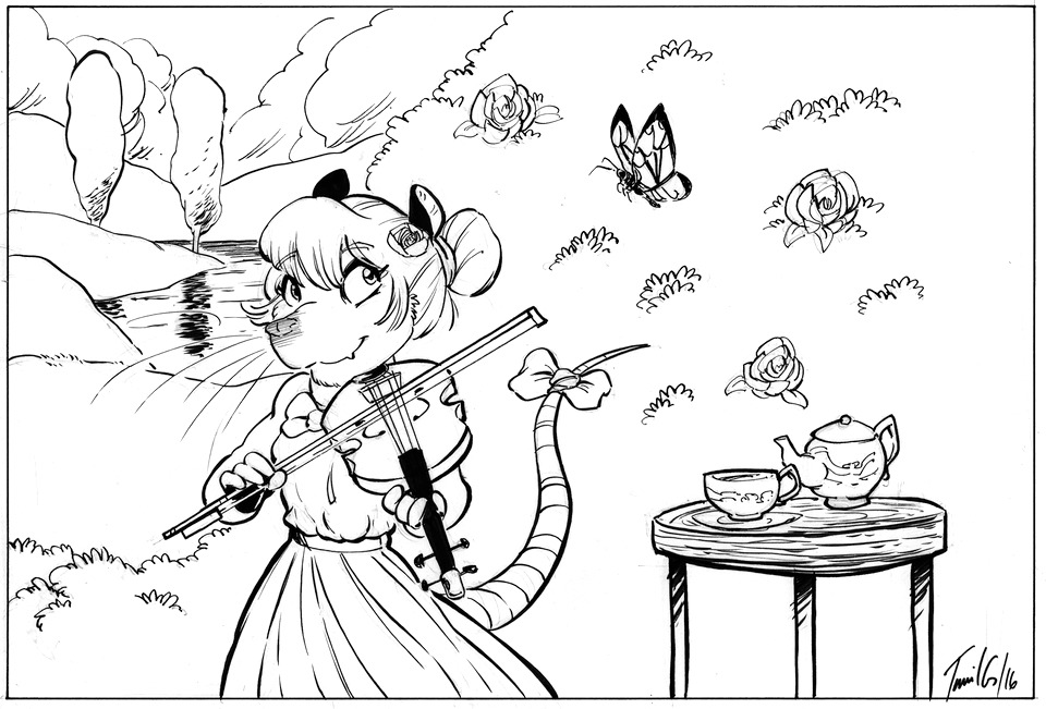 anthro arthropod bow butterfly classy clothed clothing dress female flower flower_in_hair fully_clothed hair hair_bun insect jamil_(artist) lake looking_at_viewer mammal marsupial maude_o'dell monochrome musical_instrument opossum outside plant playing_music ribbons saucer smile solo teapot the_tale_of_jasper_gold tree viola_(instrument)