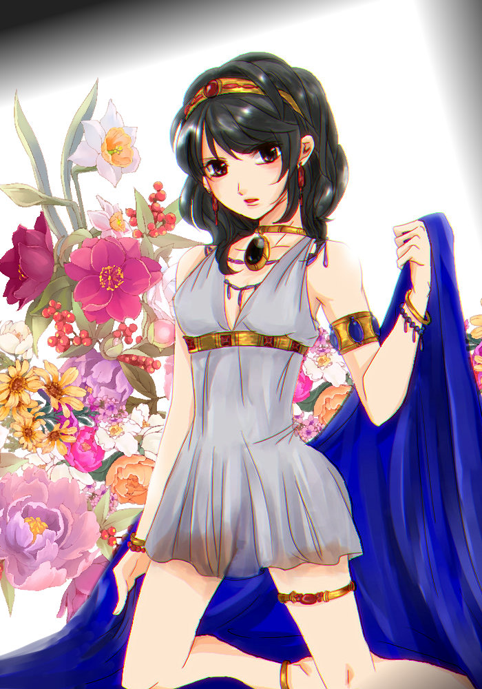 1girl armlet artist_request black_hair circlet dress flower jewelry red_river sheet solo suzuki_yuri