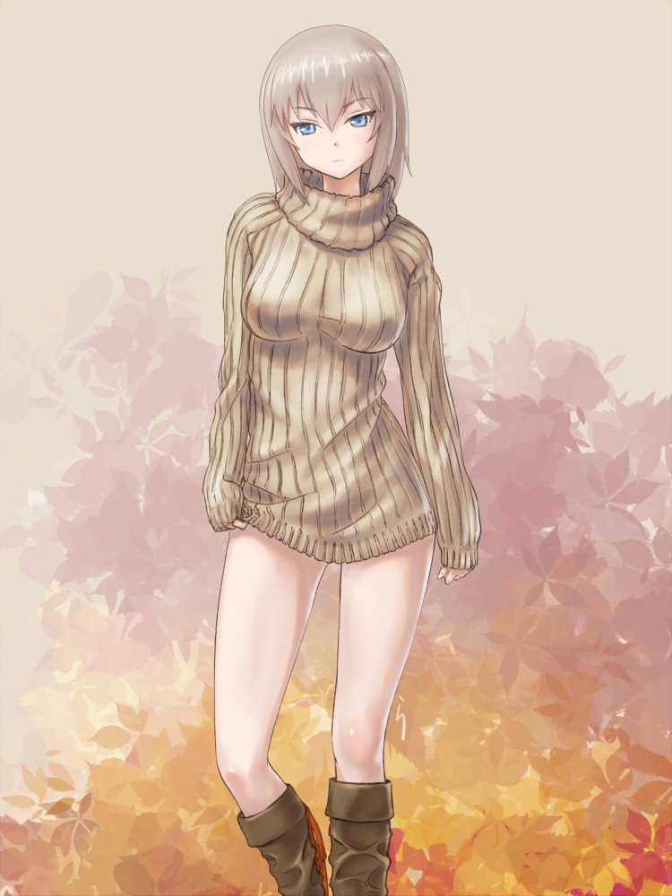 autumn_leaves blue_eyes boots breasts brown_footwear casual contrapposto dress girls_und_panzer grey_hair itsumi_erika jpeg_artifacts knee_boots legs looking_at_viewer medium_breasts rasukaru ribbed_sweater short_hair solo standing sweater sweater_dress