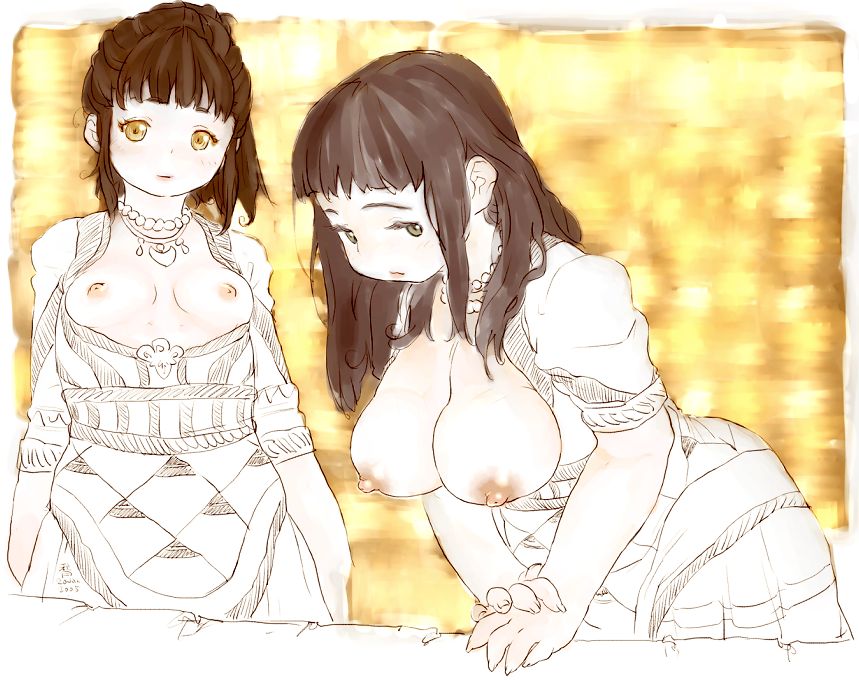 2girls breasts brown_eyes brown_hair dress female large_breasts minoan multiple_girls necklace nipples original shizuoka_(bl09) small_breasts tagme