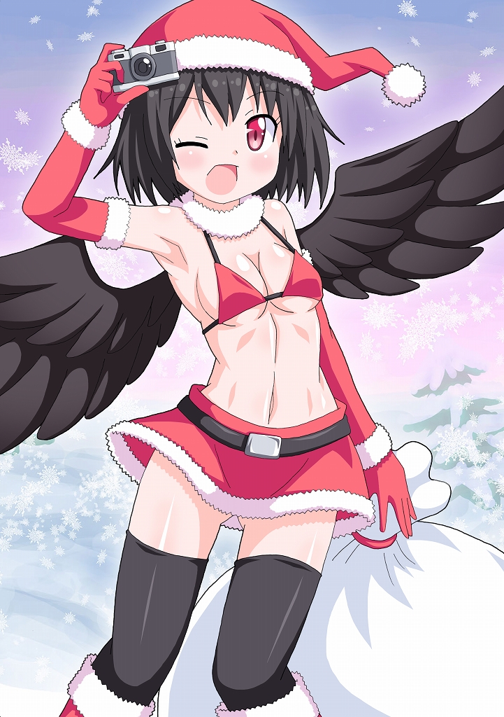 armpits ass_visible_through_thighs belt bikini bikini_top black_hair black_legwear black_wings breasts camera christmas commentary_request elbow_gloves fur-trimmed_boots fur-trimmed_gloves fur_trim gloves hat kagerou_(kers) microskirt one_eye_closed red_bikini red_eyes red_skirt santa_hat shameimaru_aya skirt small_breasts snowing solo swimsuit thighhighs touhou wings winter