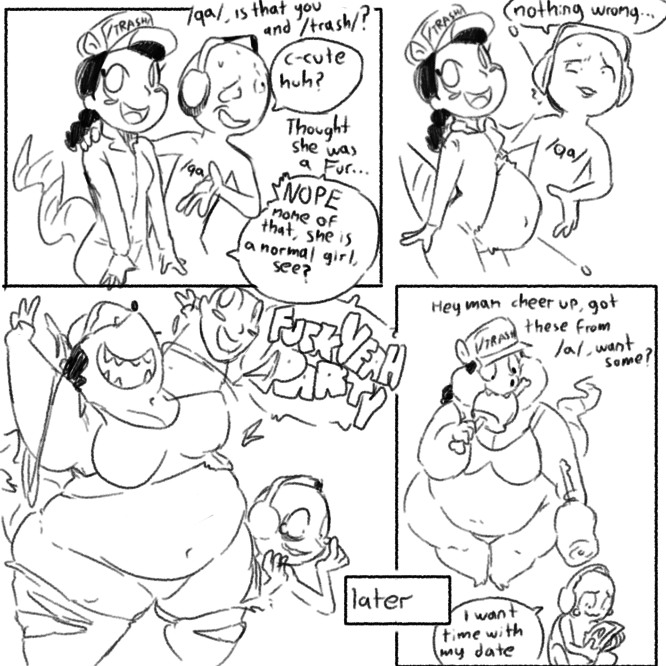 /trash/ 4chan anthro big_breasts black_hair breasts cleavage clothed clothing comic disguise eating female hair hat headphones human male mammal marsupial mask meat monochrome opossum overweight overweight_female shamelesss sharp_teeth teeth thick_thighs trish_(4chan)