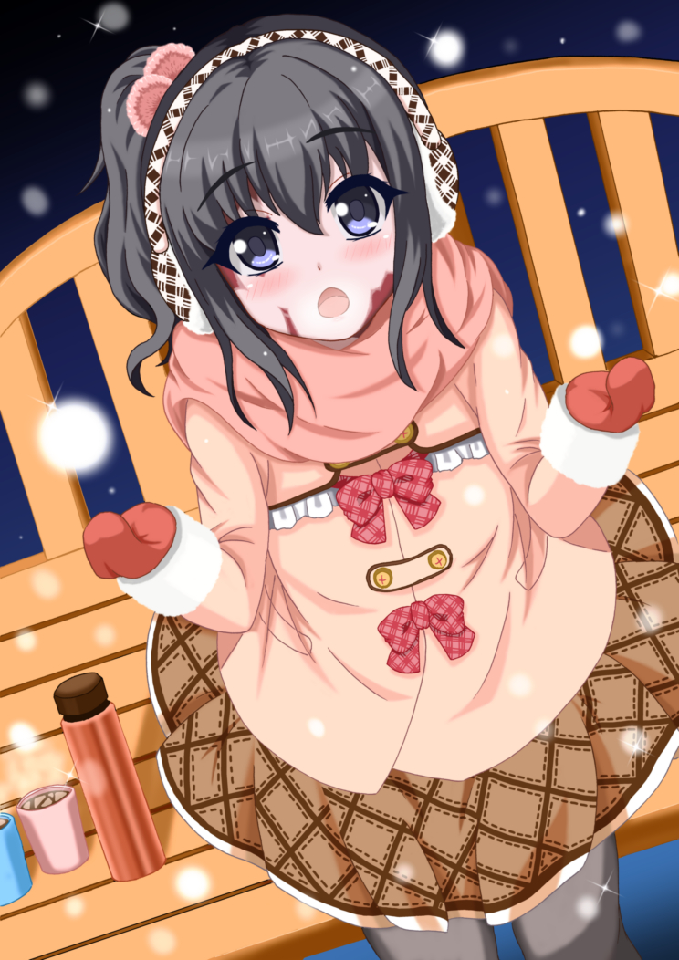 :o bench black_hair blue_eyes blush bow burn_scar checkered checkered_skirt coat cup dorei_to_no_seikatsu_~teaching_feeling~ earmuffs from_above hair_ornament long_hair looking_at_viewer looking_up mittens pink_scarf scar scarf side_ponytail sitting skirt snowing solo sylvie_(dorei_to_no_seikatsu) takahiko thermos winter_clothes winter_coat