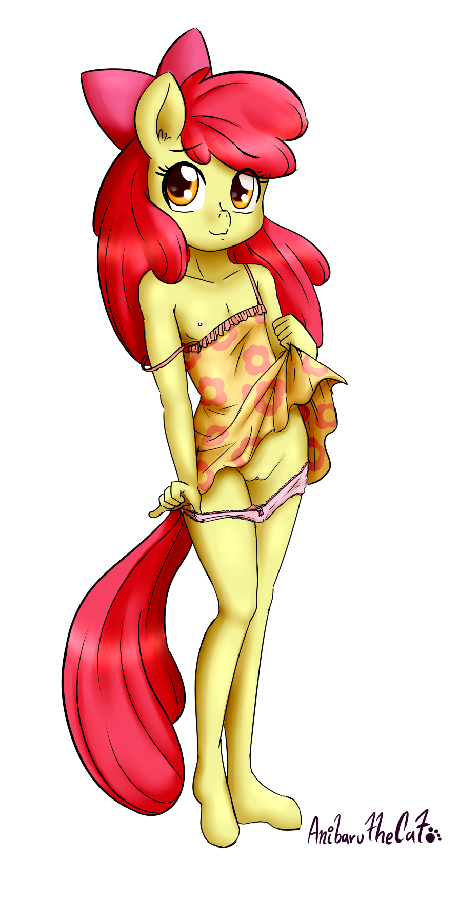 2016 alpha_channel anibaruthecat anthro anthrofied apple_bloom_(mlp) clothed clothing cub earth_pony equine female friendship_is_magic hair hair_bow hair_ribbon hi_res horse long_hair mammal my_little_pony nipples panties pony pussy ribbons simple_background solo transparent_background underwear young