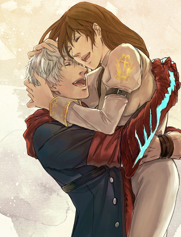 1boy 1girl belt breasts brown_hair calligraphy_brush_(medium) commentary_request devil_may_cry devil_may_cry_4 dress ewinnie graphite_(medium) hug jacket kyrie long_hair nero_(devil_may_cry) silver_hair smile traditional_media white_dress white_hair