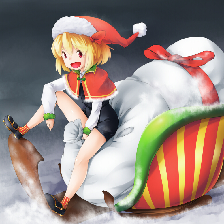 bare_legs bbb_(33kudo) between_legs black_dress blonde_hair capelet christmas commentary_request dress hat long_sleeves microdress open_mouth red_eyes rumia santa_hat sled snow solo touhou