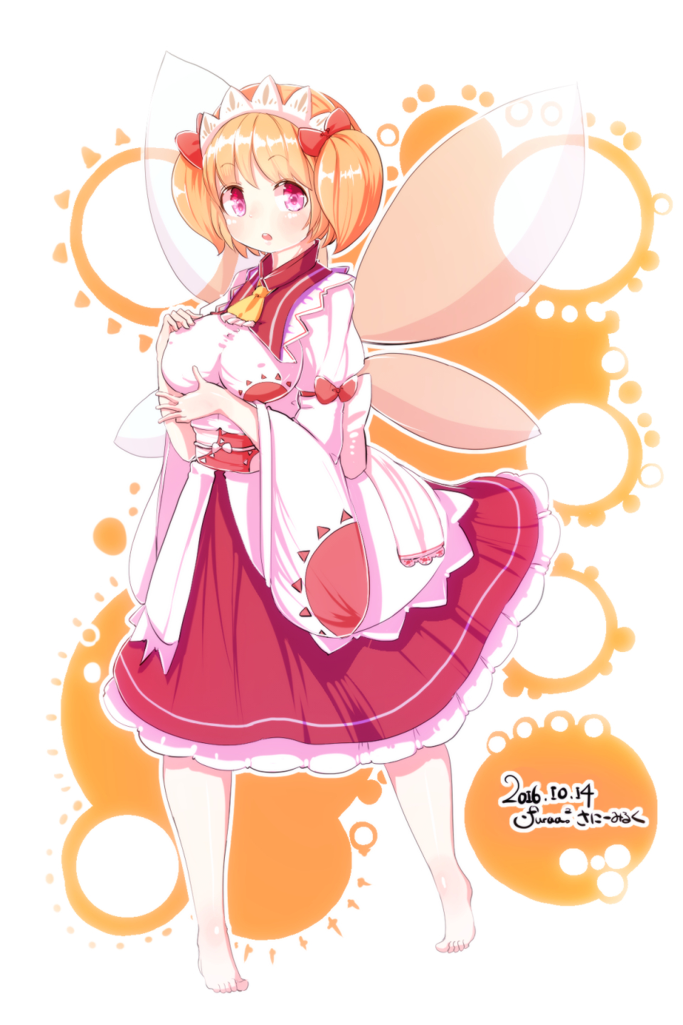 :o alternate_breast_size barefoot blush bow breast_hold breasts covered_nipples dress fairy_wings furim hair_bow headdress highres large_breasts layered_dress long_skirt looking_at_viewer older orange_hair pink_eyes self_fondle short_hair skirt solo standing sun_print sunny_milk tiptoes touhou twintails wide_sleeves wings