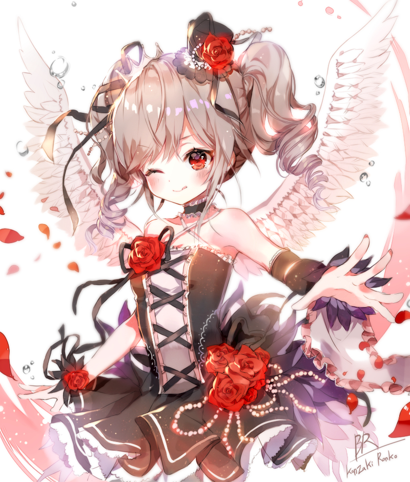 blush choker dress grey_hair idolmaster idolmaster_cinderella_girls kanzaki_ranko long_hair red_eyes smile twintails wing wink