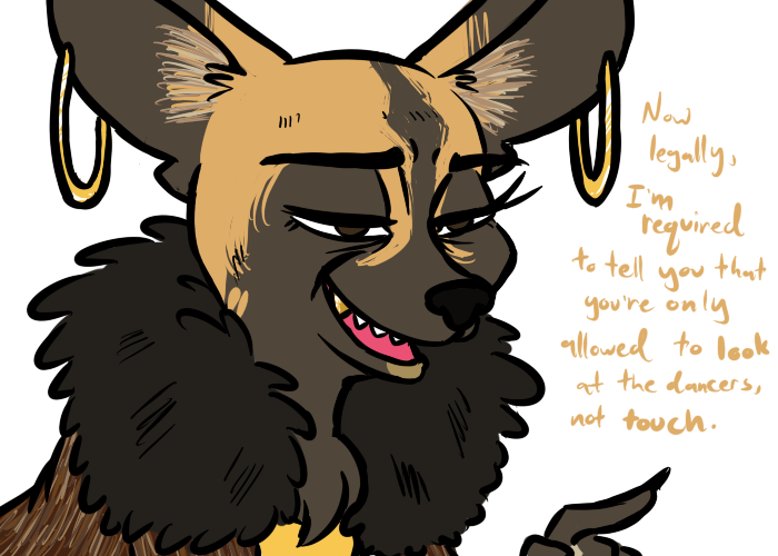 african_wild_dog anthro canine dialogue ear_piercing english_text female fur fur_coat gold_(metal) gold_tooth half-closed_eyes inkyfrog mammal multicolored_fur piercing solo text