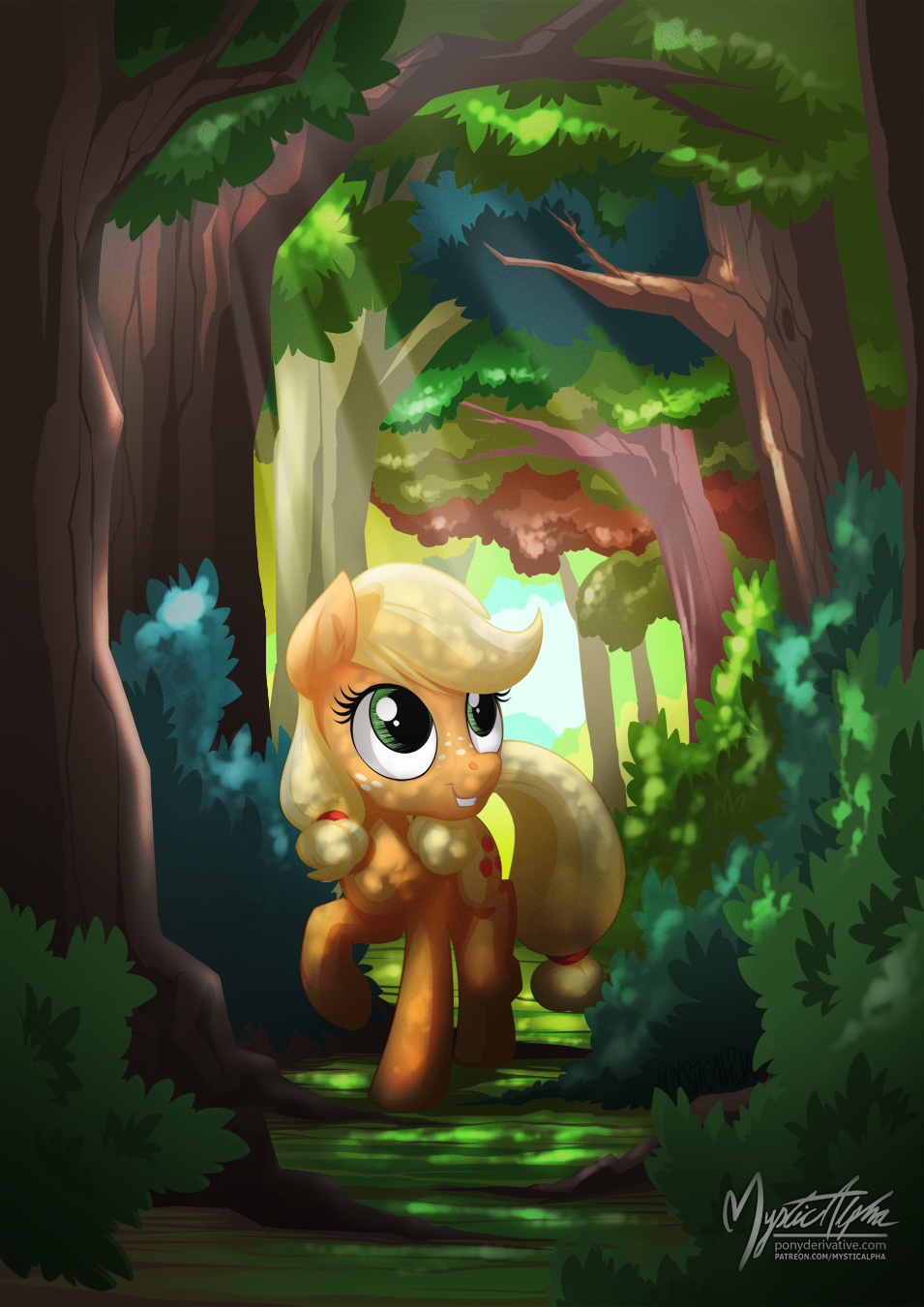 applejack_(mlp) blonde_hair cutie_mark day earth_pony equine eyelashes female feral forest friendship_is_magic fur green_eyes hair hooves horse mammal my_little_pony mysticalpha nude orange_fur outside pony smile solo standing tree