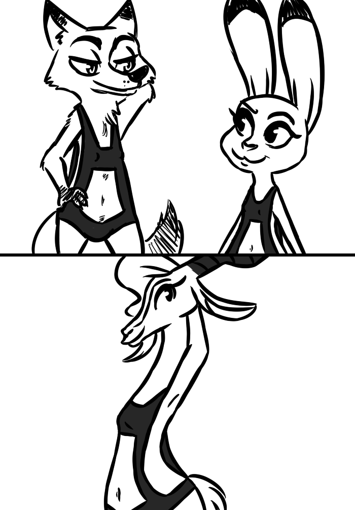 2016 :3 antelope anthro armpits bikini black_and_white canine clothed clothing crossdressing disney eye_contact female flat_chested fox gazelle gazelle_(zootopia) group hand_behind hand_on_hip inkyfrog invalid_tag judy_hopps lagomorph looking_at_viewer male mammal monochrome navel nick_wilde nipple_bulge rabbit simple_background skimpy smile swimsuit white_background zootopia