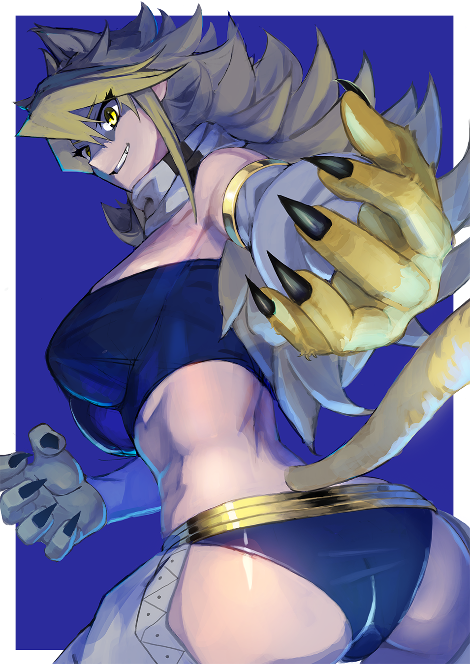 &gt;:) akame_ga_kill! animal_ears armpits ass bad_id bad_pixiv_id bare_shoulders black_panties blonde_hair breasts chaps claws commentary_request cowboy_shot detached_sleeves fangs foreshortening from_behind grin highres large_breasts leone lion_ears lion_tail long_hair looking_at_viewer looking_back mingah panties scarf shaded_face sidelocks slit_pupils smile solo spiked_hair strapless tail tsurime tubetop underwear v-shaped_eyebrows white_scarf yellow_eyes