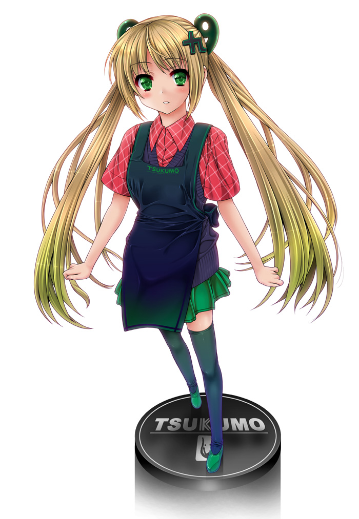 apron bad_id bad_pixiv_id blonde_hair blush copyright_request green_eyes long_hair skirt solo sweater_vest thighhighs twintails yoshida_inuhito