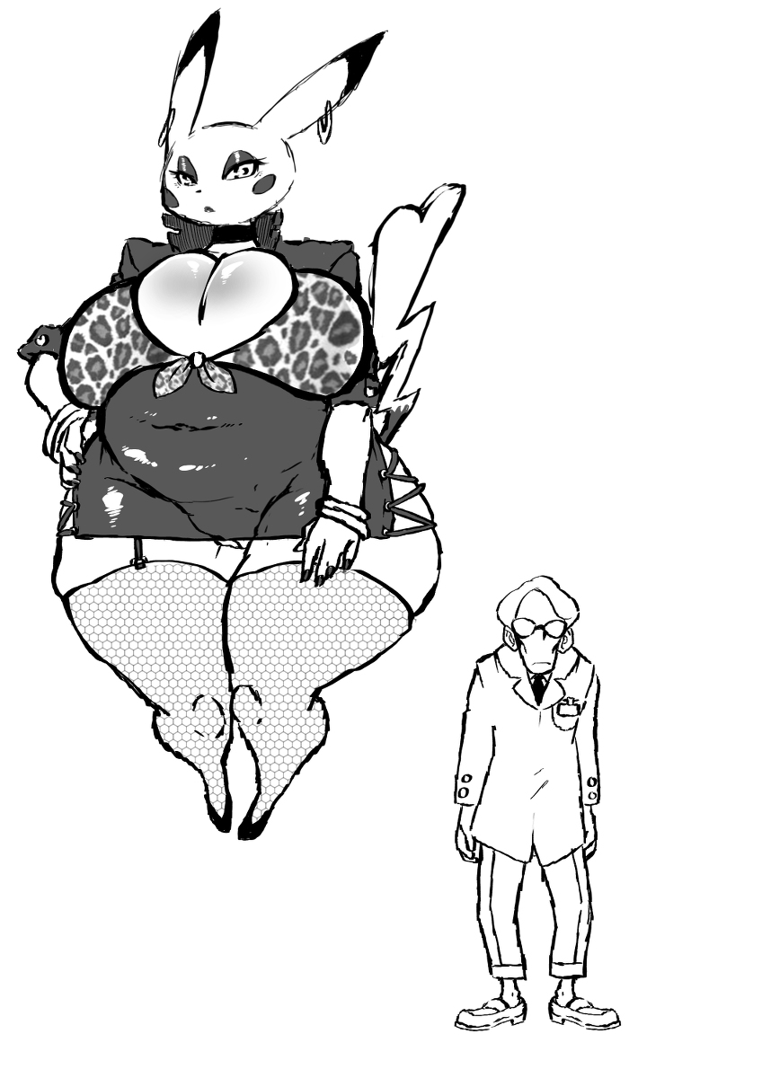 anthro big_breasts blush bottomless breasts cleavage clothed clothing dragoon-rekka female human male mammal nintendo pikachu pok&eacute;mon pussy scientist size_difference sketch slightly_chubby thick_thighs video_games wide_hips