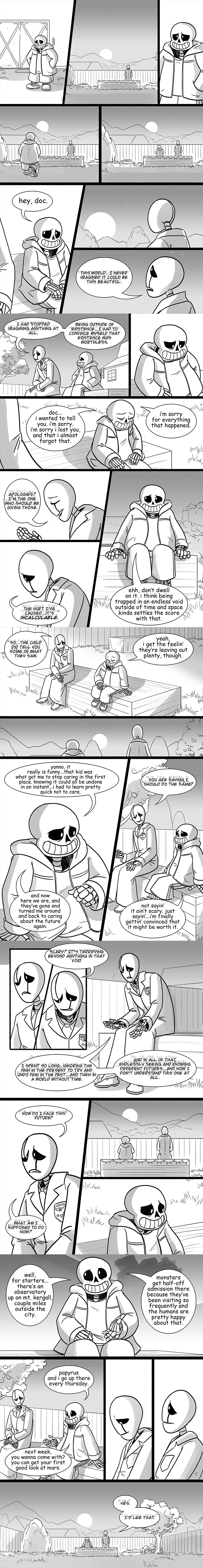 2016 absurd_res animated_skeleton bone building clothed clothing comic dialogue duo fence gaster grass hi_res lab_coat lynxgriffin male outside sans_(undertale) sitting skeleton smile speech_bubble sunset text tree undead undertale video_games