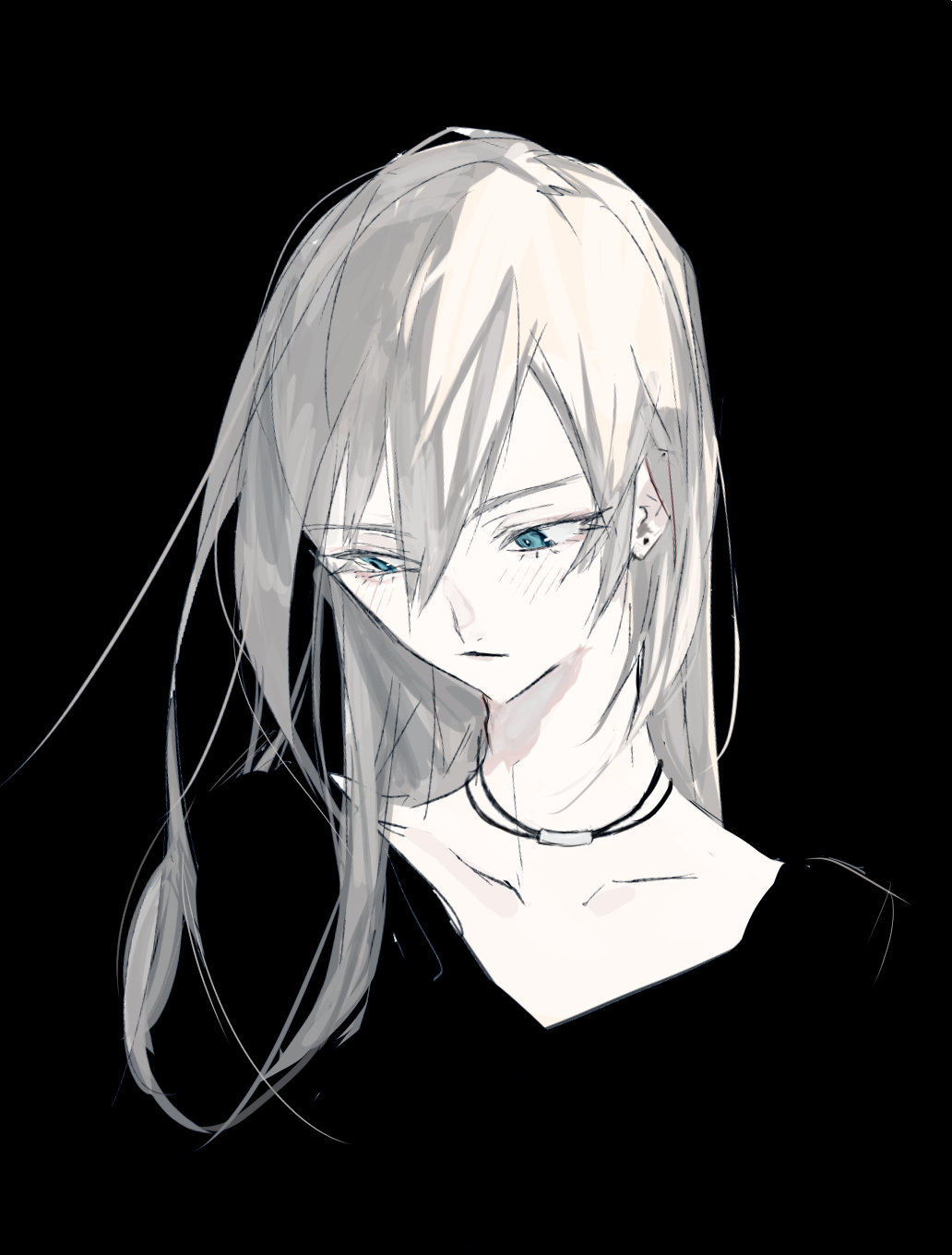 bangs black_background black_shirt blue_eyes closed_mouth collarbone earrings eyelashes hair_between_eyes highres jewelry limited_palette long_hair looking_down necklace original ozyako shirt simple_background solo upper_body white_hair