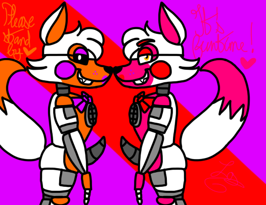 ! &lt;3 animatronic anthro black_nose bow_tie canine dashiathebunny dialogue english_text eyebrows five_nights_at_freddy's five_nights_at_freddy's_world fox freckles funtime_foxy_(fnafsl) fur girly hair_tuft lipstick lolbit_(fnaf) looking_at_viewer machine makeup male male/male mammal multicolored_fur naughty_face orange_fur penis pink_fur purple_background red_background robot sharp_teeth signature simple_background sister_location smile teeth text tuft video_games white_fur