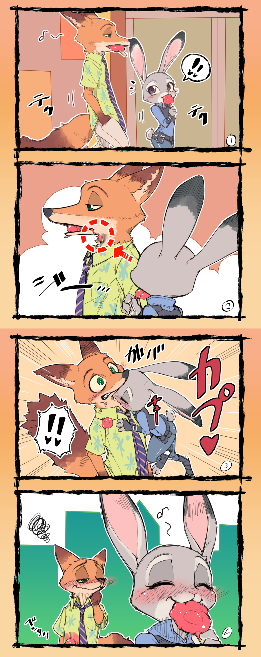 ! !! 1boy 1girl 4koma :3 animal_ears belt black_footwear black_vest blue_pants blue_shirt blush bunny_ears bunny_tail candy clenched_teeth closed_mouth comic directional_arrow eating emphasis_lines eyes_closed fang flat_chest food food_on_face fox_ears fox_tail from_side furry green_eyes green_shirt grey_pants half-closed_eyes hand_in_pocket hand_on_another's_chest hand_up happy highres holding japanese_text judy_hopps jumping lollipop long_sleeves looking_at_another looking_up mouth_hold multiple_views musical_note necktie nick_wilde no_humans nose_blush open-toed_shoes open_mouth outdoors outline pants police police_uniform policewoman pouch profile purple_eyes purple_neckwear sharp_teeth shirt short_sleeves shourin_bonzu smile speech_bubble spoken_exclamation_mark spoken_musical_note squiggle standing striped striped_neckwear surprised tail teeth third-party_edit translation_request uniform vest walking white_outline wide-eyed zootopia