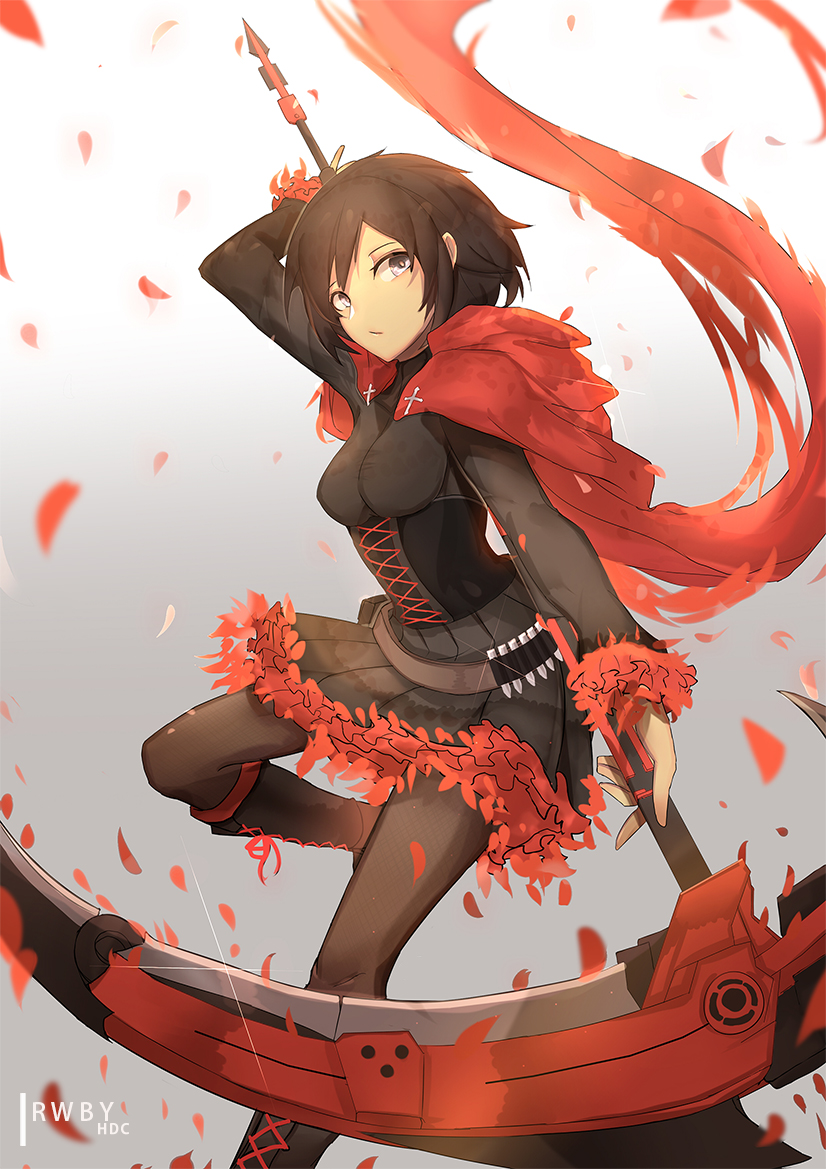 1girl black_dress black_eyes black_hair boots breasts cape cloak corset crescent_rose dress frilled_dress frills hood hooded_cloak red_cape red_hair ruby_rose rwby scythe short_hair silver_eyes thighhighs