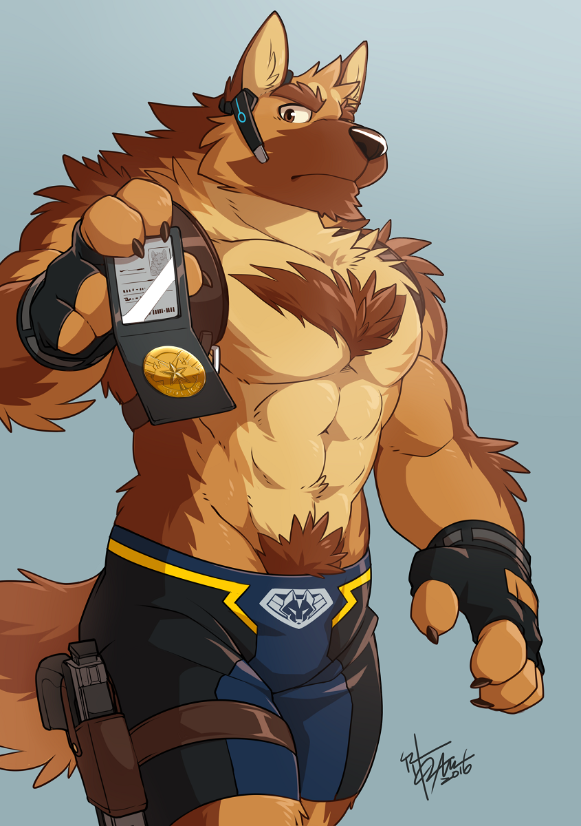 2016 abs anthro badge biceps big_muscles blue_background body_hair brown_eyes brown_fur canine chest_tuft claws clothed clothing dog elbow_tufts fingerless_gloves fur german_shepherd gloves gun handgun happy_trail headphones headset holster id looking_at_viewer male mammal muscular muscular_male neck_tuft officer_benson pecs pistol police ranged_weapon shorts simple_background solo takemoto_arashi tan_fur thigh_holster topless tuft weapon