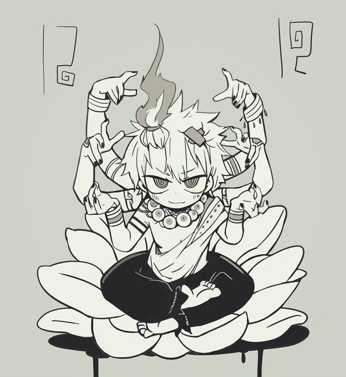 al_bhed_eyes barefoot black_nails dappou_rock_(vocaloid) datsu eyeball fingernails fire flower full_body greyscale hair_ornament indian_style lotus lotus_pedestal male_focus monochrome multiple_arms nail_polish ringed_eyes simple_background sitting solo tera x_hair_ornament