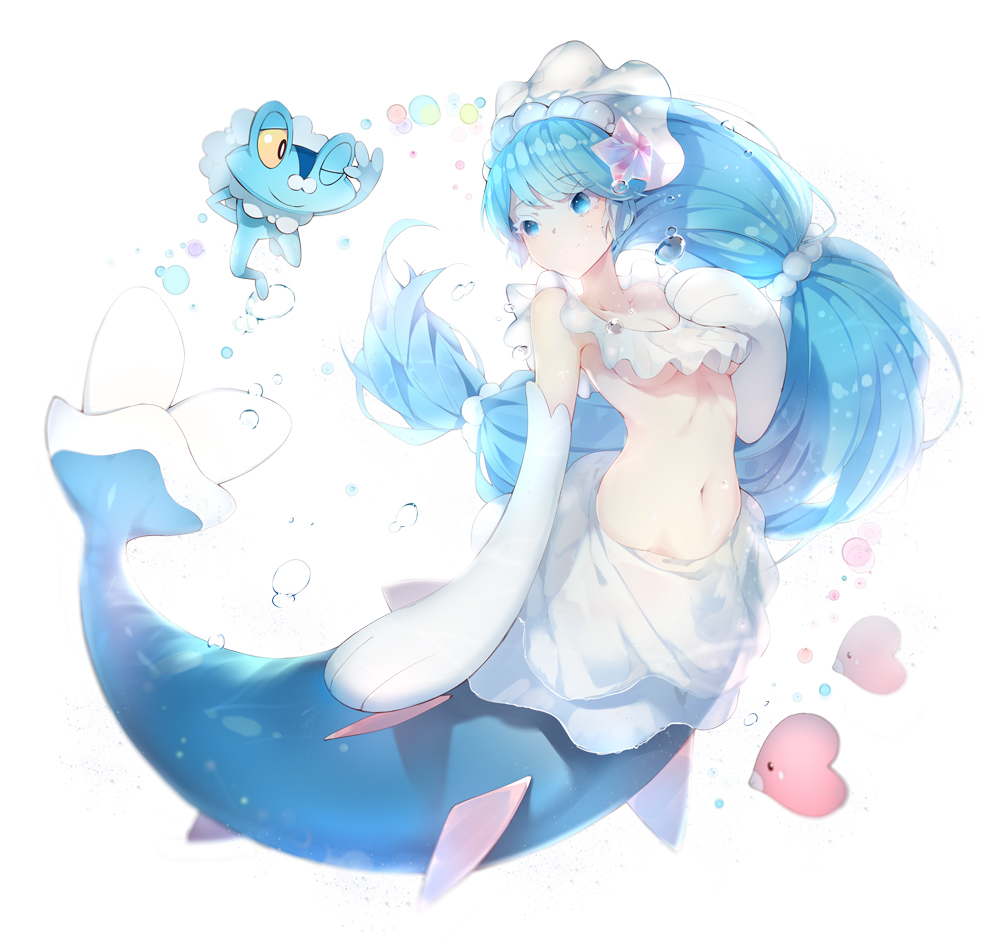 ;) bangs bare_shoulders beads blue_eyes blue_hair breasts bubble closed_mouth collarbone colored_eyelashes eye_contact frills froakie full_body gen_3_pokemon gen_6_pokemon gen_7_pokemon hair_beads hair_ornament hand_on_own_chest lf long_hair looking_at_another low-tied_long_hair luvdisc mermaid moemon monster_girl multi-tied_hair navel one_eye_closed pale_skin personification pokemon pokemon_(creature) primarina salute see-through small_breasts smile starfish_hair_ornament stomach submerged underboob underwater veil very_long_hair white_background